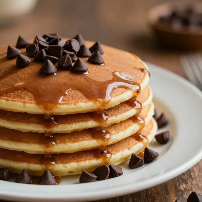 A stack of fluffy coffee-infused pancakes topped with syrup and coffee beans on a white plate.