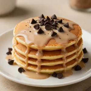 A stack of fluffy coffee-flavored pancakes topped with syrup and coffee beans on a white plate.