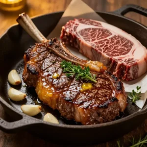 A perfectly pan-seared ribeye steak with a golden-brown crust served on a plate.