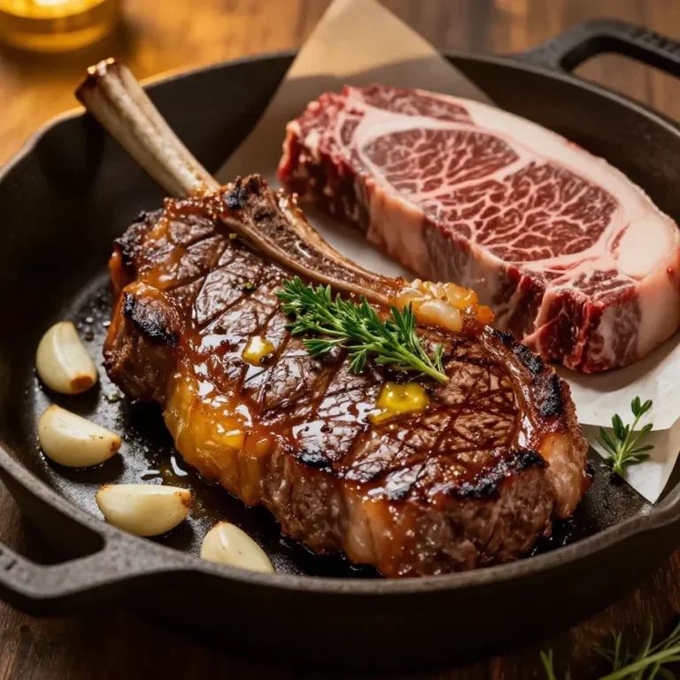 A perfectly pan-seared ribeye steak with a golden-brown crust served on a plate.