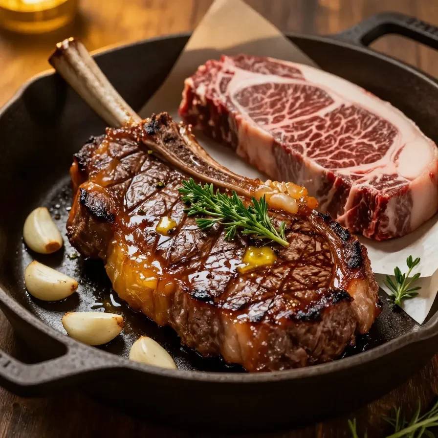A perfectly pan-seared ribeye steak with a golden-brown crust served on a plate.