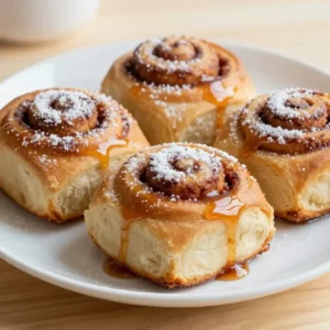 Close-up of cinnamon roll French toast bites served on a plate, topped with powdered sugar.