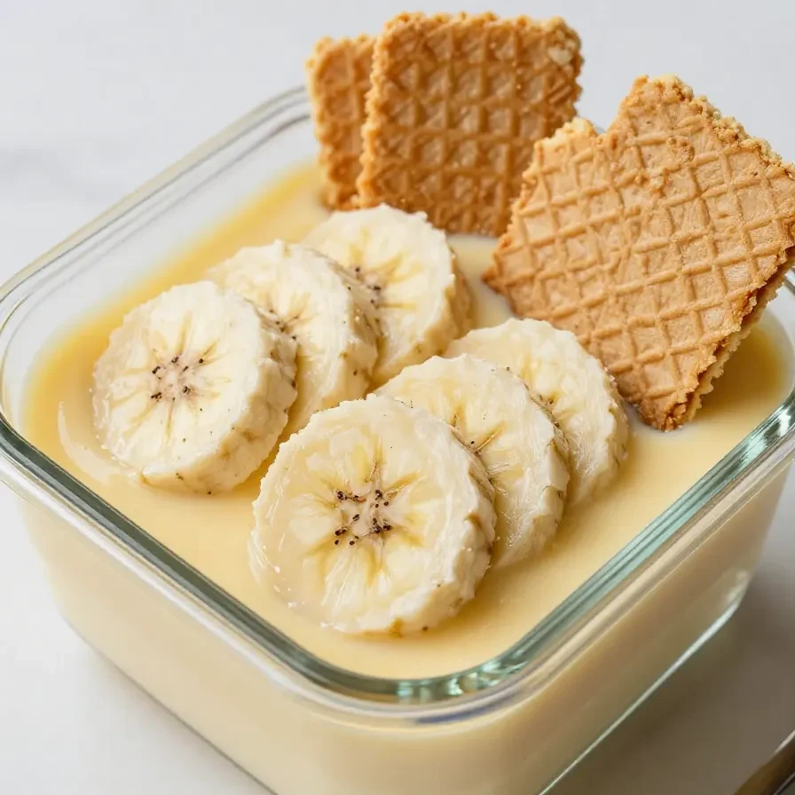 A bowl of old-fashioned homemade banana pudding topped with fresh banana slices and whipped cream.