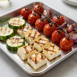 Close-up of grilled halloumi and vegetable skewers served on a plate.