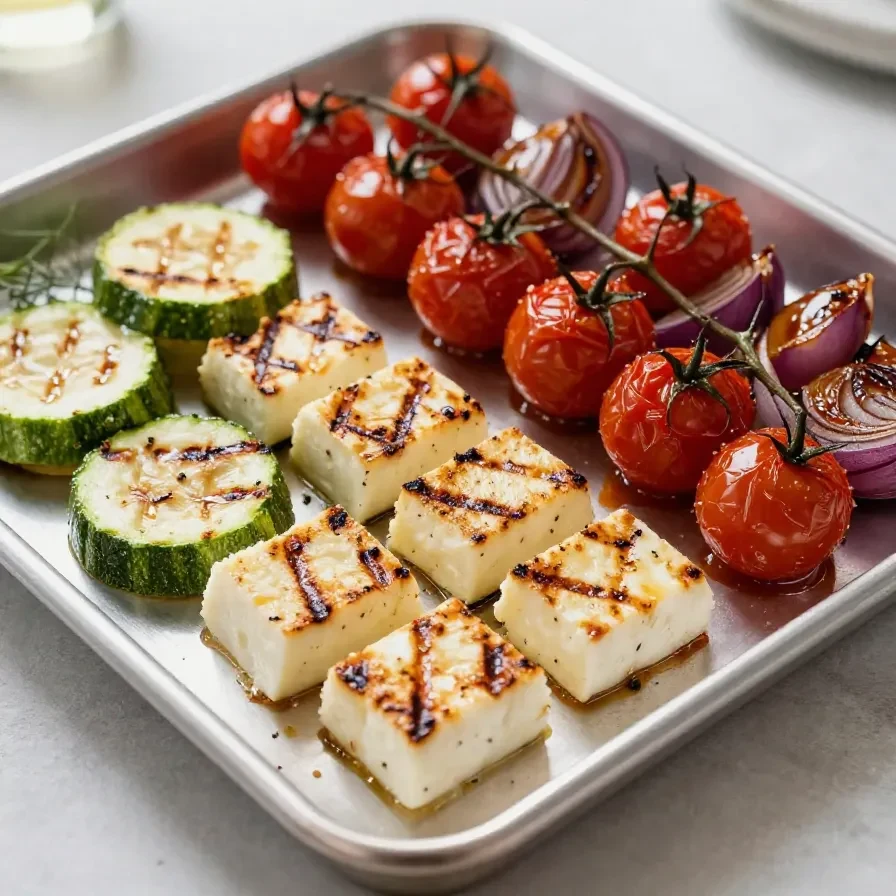 Close-up of grilled halloumi and vegetable skewers served on a plate.