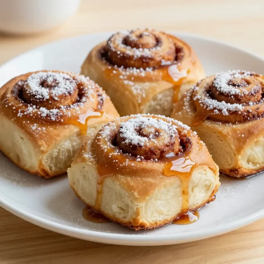 Close-up of cinnamon roll French toast bites served on a plate, topped with powdered sugar.