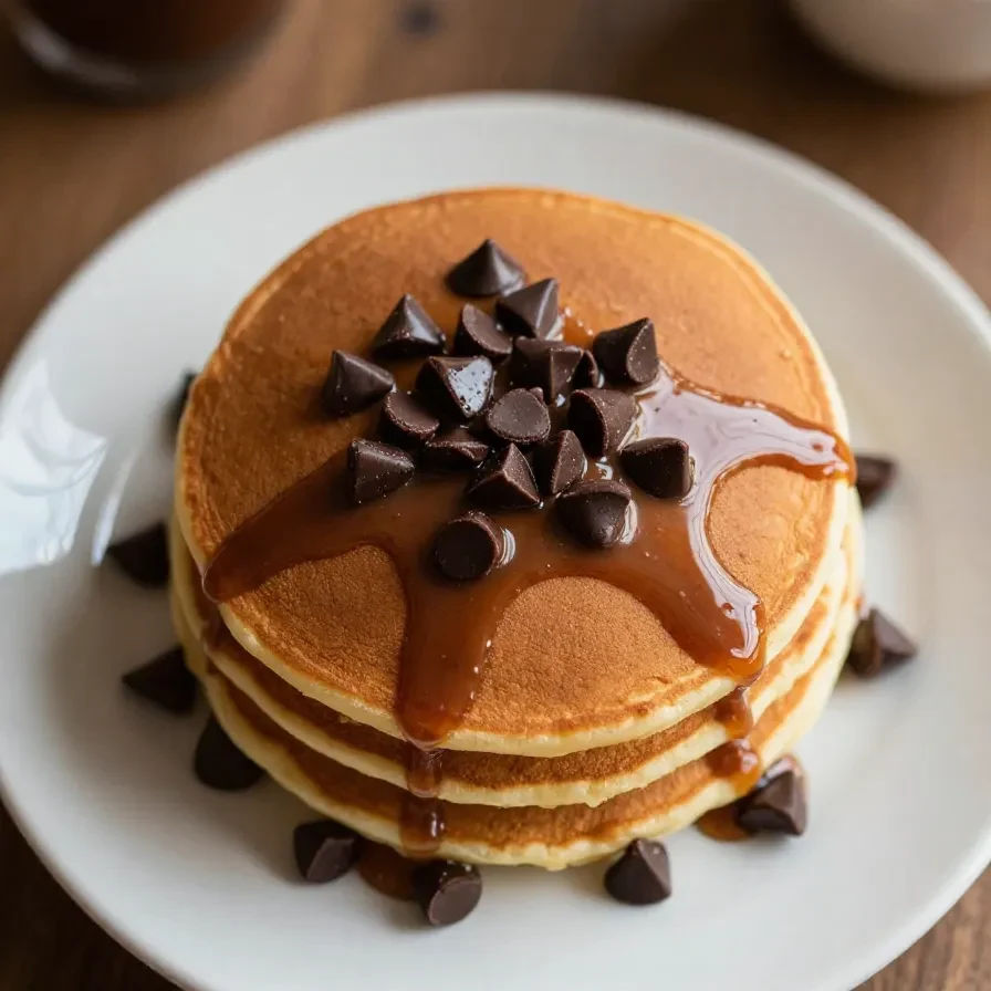 A stack of fluffy coffee-infused pancakes topped with syrup and coffee beans on a white plate.
