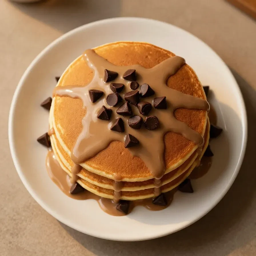 A stack of fluffy coffee-flavored pancakes topped with syrup and coffee beans on a white plate.