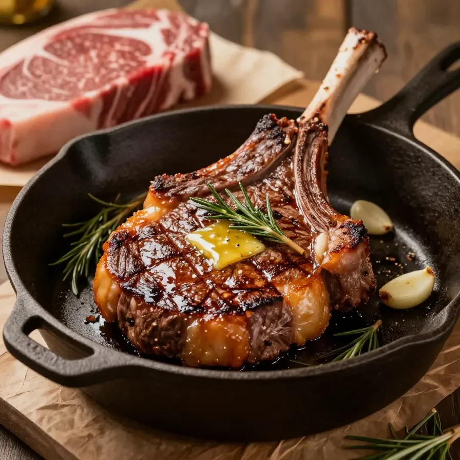 A perfectly pan-seared ribeye steak with a golden-brown crust served on a plate.