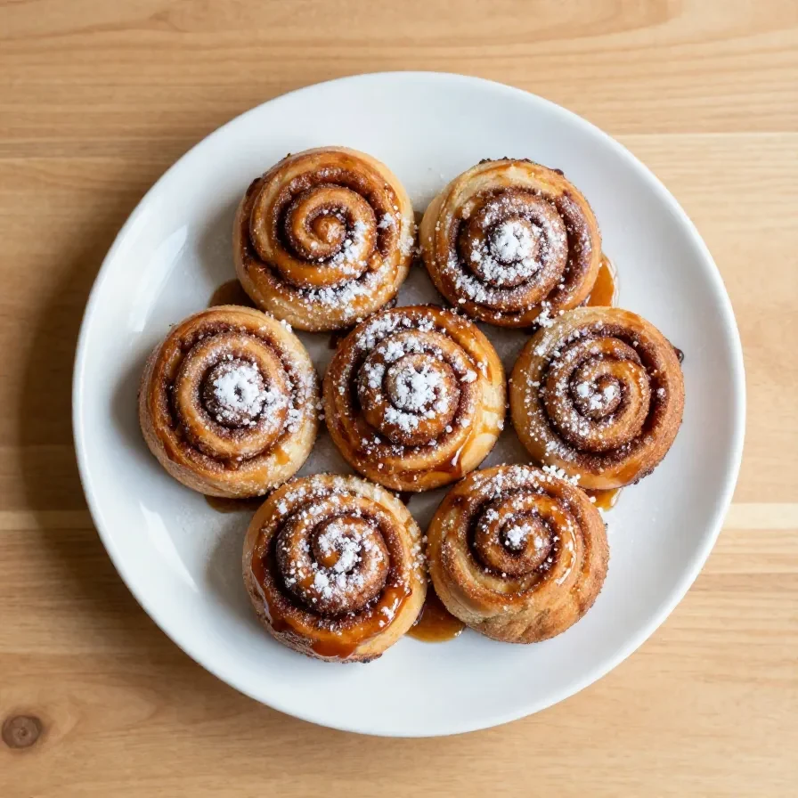 Close-up of cinnamon roll French toast bites served on a plate, topped with powdered sugar.