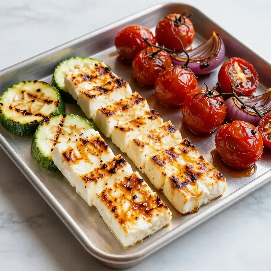 Close-up of grilled halloumi and vegetable skewers served on a plate.