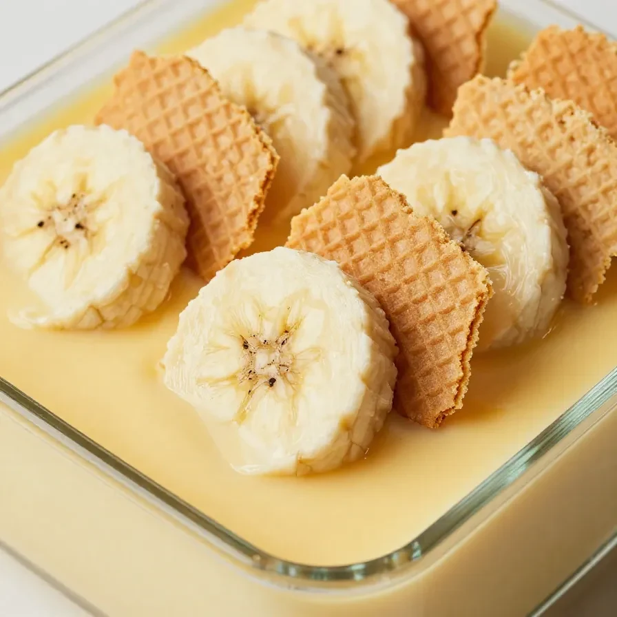 A bowl of old-fashioned homemade banana pudding topped with fresh banana slices and whipped cream.