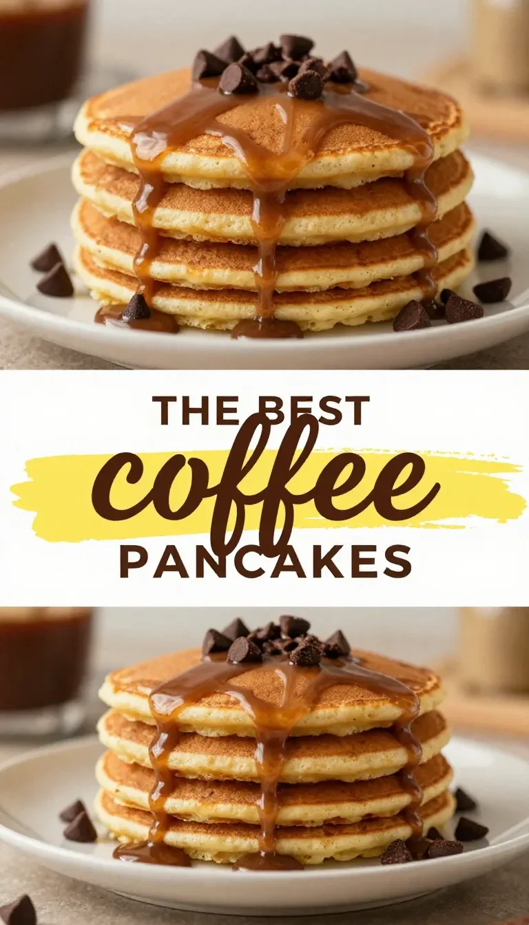 A stack of fluffy coffee-infused pancakes topped with syrup and coffee beans on a white plate.