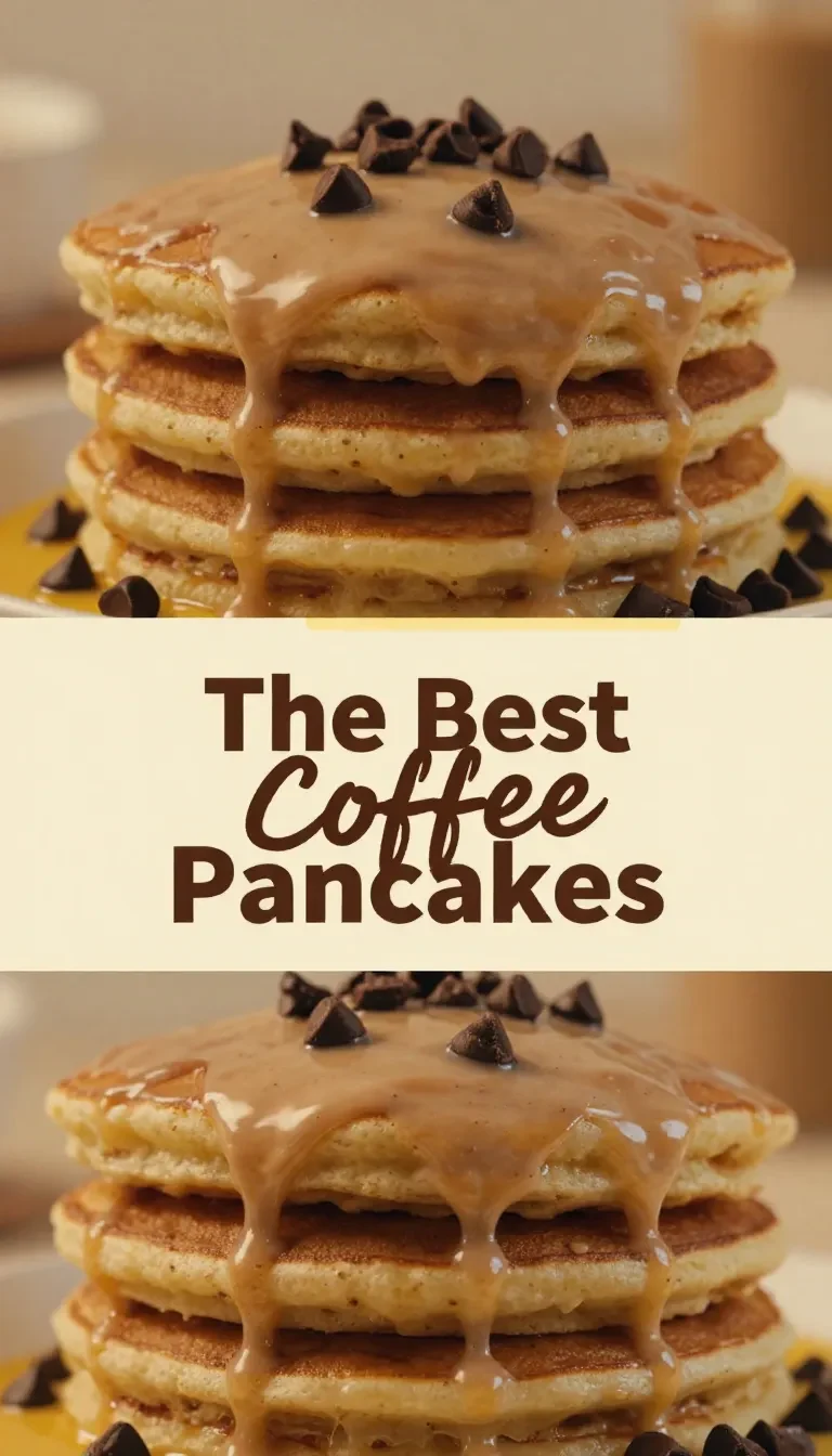A stack of fluffy coffee-flavored pancakes topped with syrup and coffee beans on a white plate.