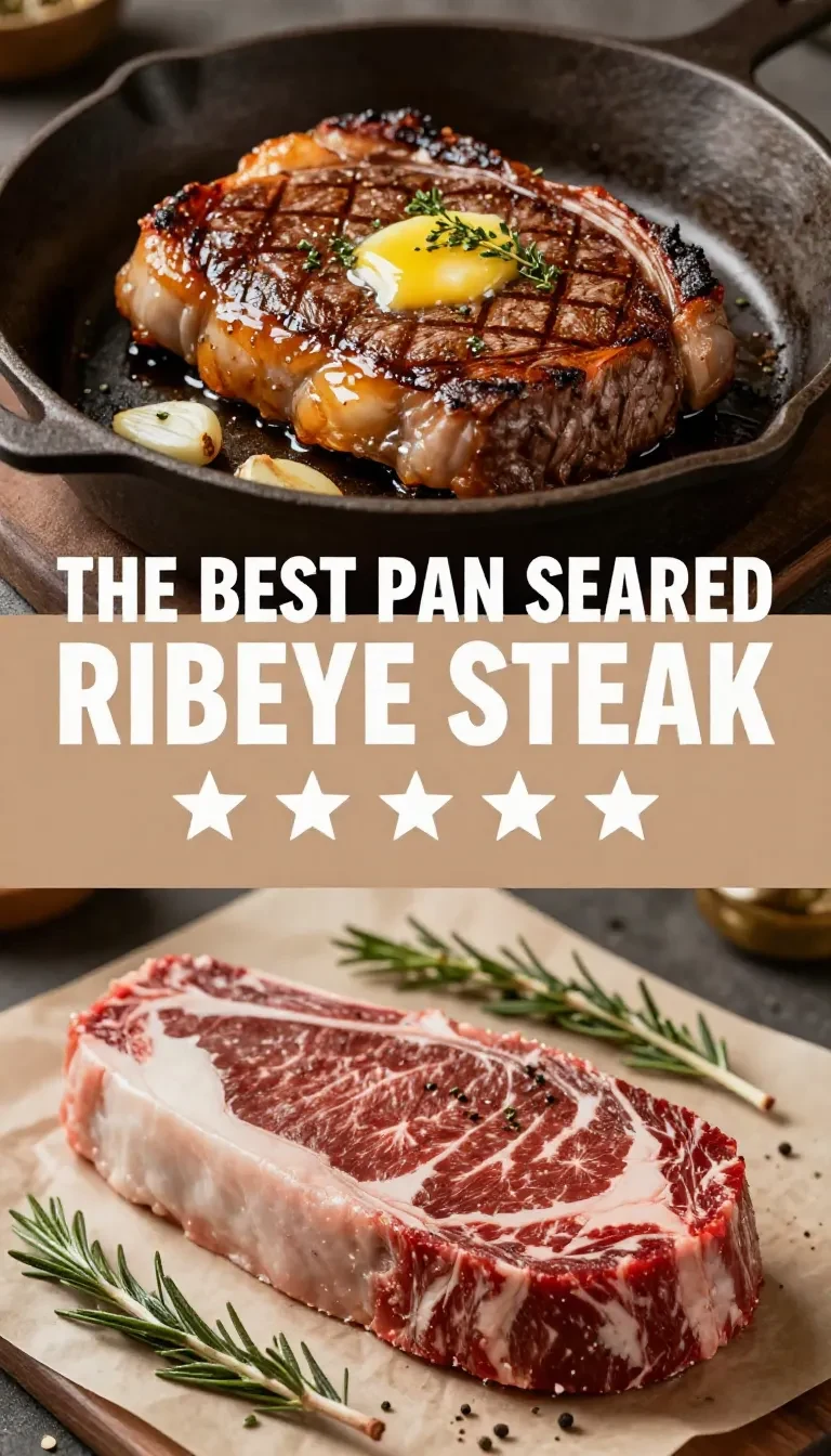 A perfectly pan-seared ribeye steak with a golden-brown crust served on a plate.