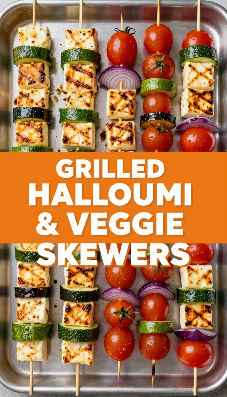 Close-up of grilled halloumi and vegetable skewers served on a plate.