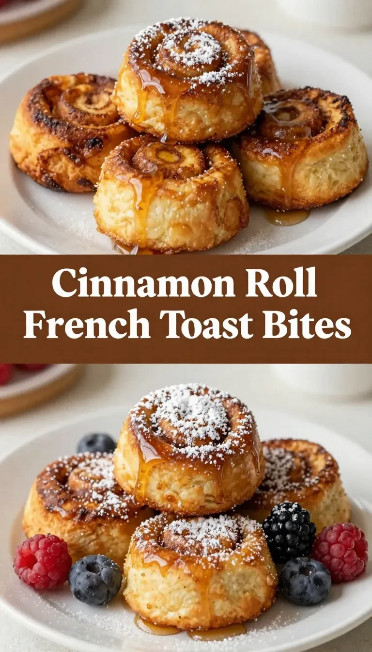 Close-up of cinnamon roll French toast bites served on a plate, topped with powdered sugar.