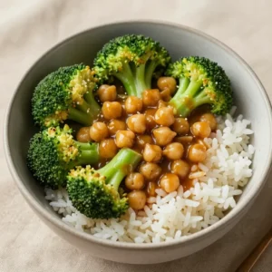 A vibrant garlic broccoli stir fry with chickpeas served in a white bowl.