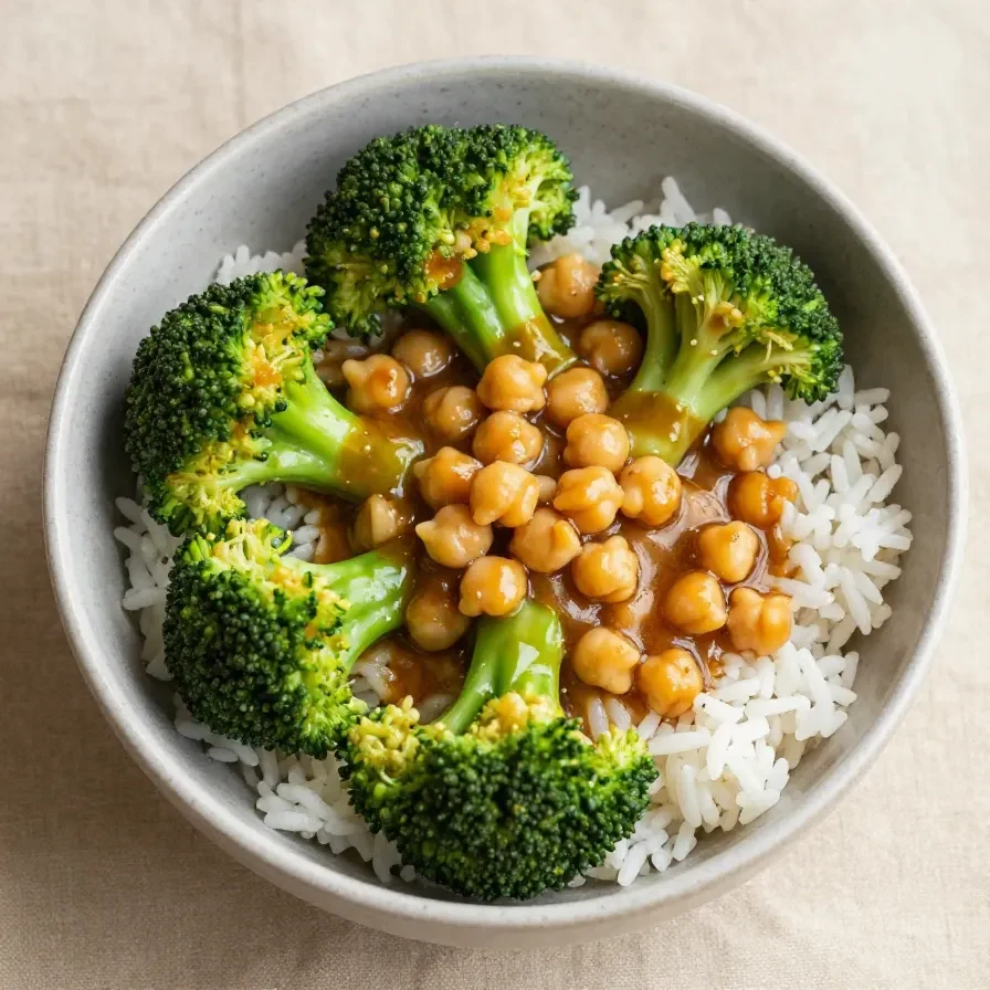 A vibrant garlic broccoli stir fry with chickpeas served in a white bowl.