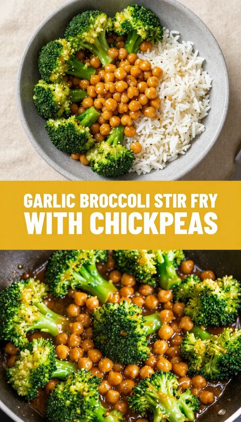 A vibrant garlic broccoli stir fry with chickpeas served in a white bowl.