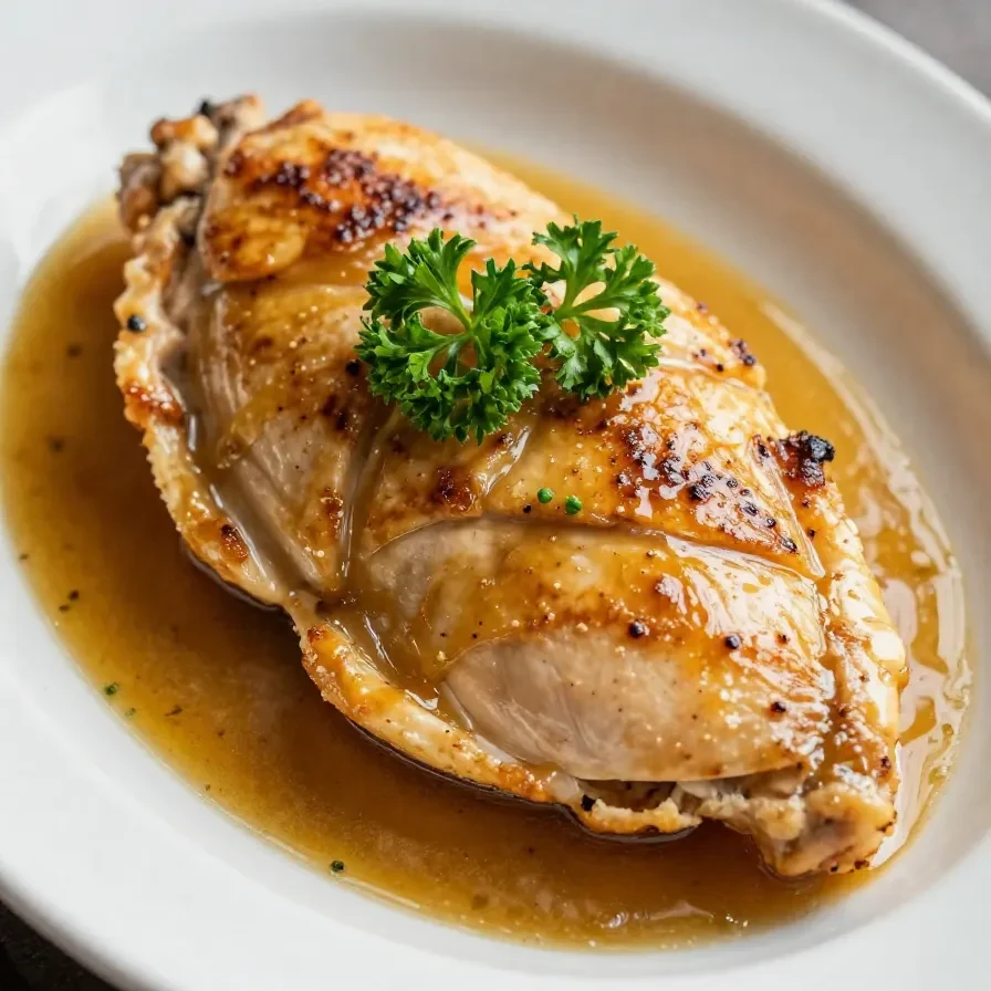 Golden brown oven-baked chicken breasts served on a white plate with fresh herbs.
