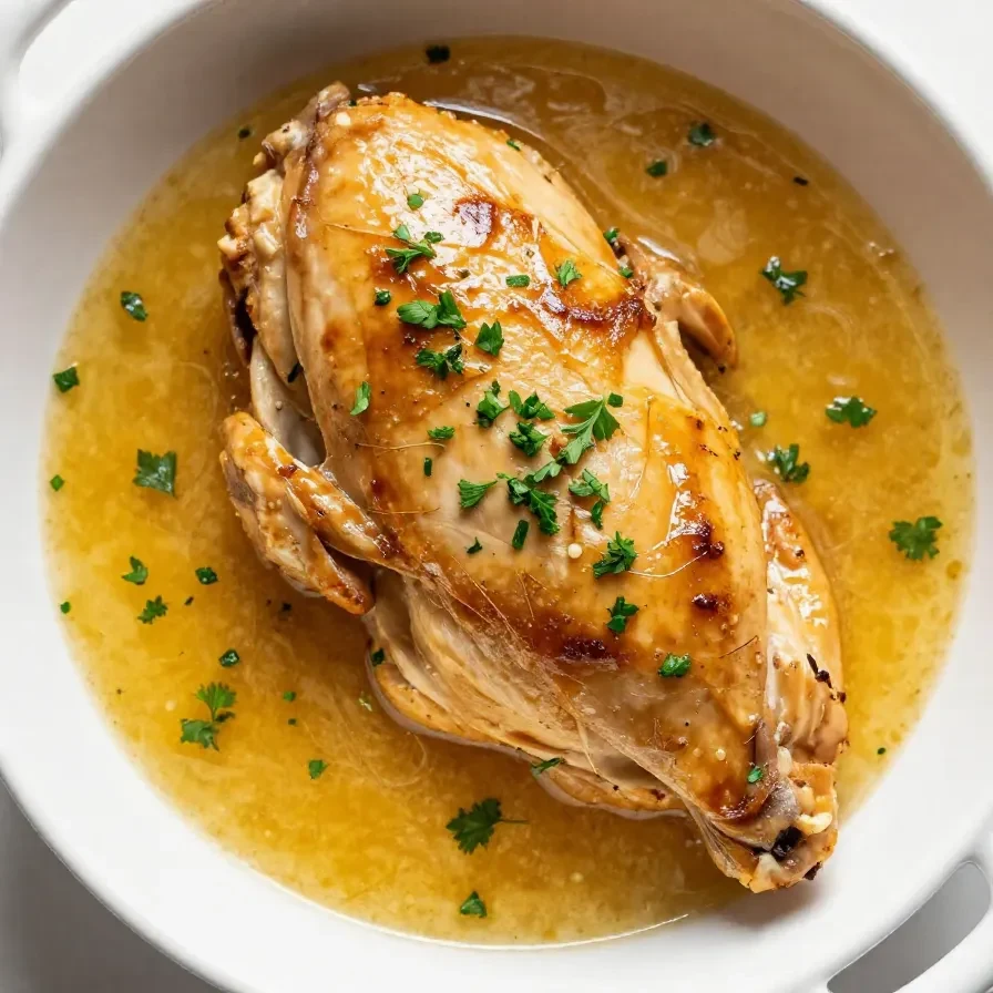Golden brown oven-baked chicken breasts served on a white plate with fresh herbs.