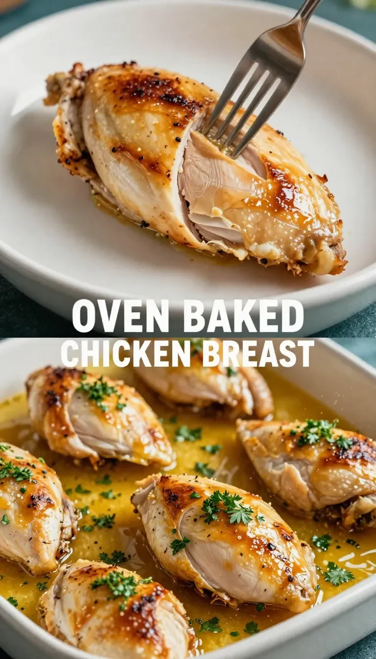 Golden brown oven-baked chicken breasts served on a white plate with fresh herbs.
