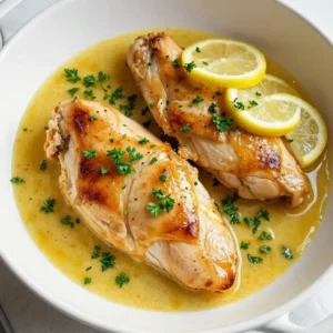 A plate of lemon chicken served with a creamy lemon butter sauce and garnished with fresh parsley.