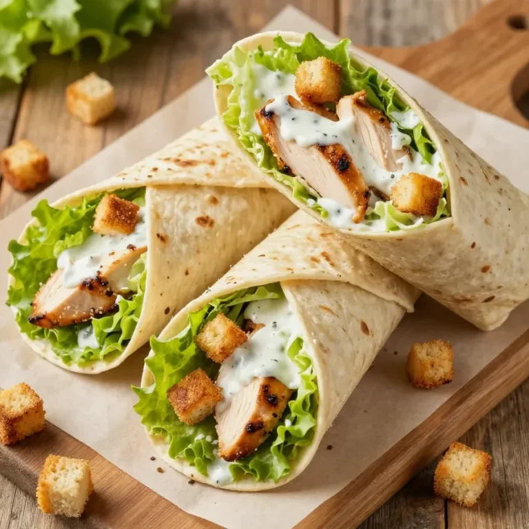 A freshly prepared chicken Caesar wrap with grilled chicken, lettuce, and Caesar dressing.
