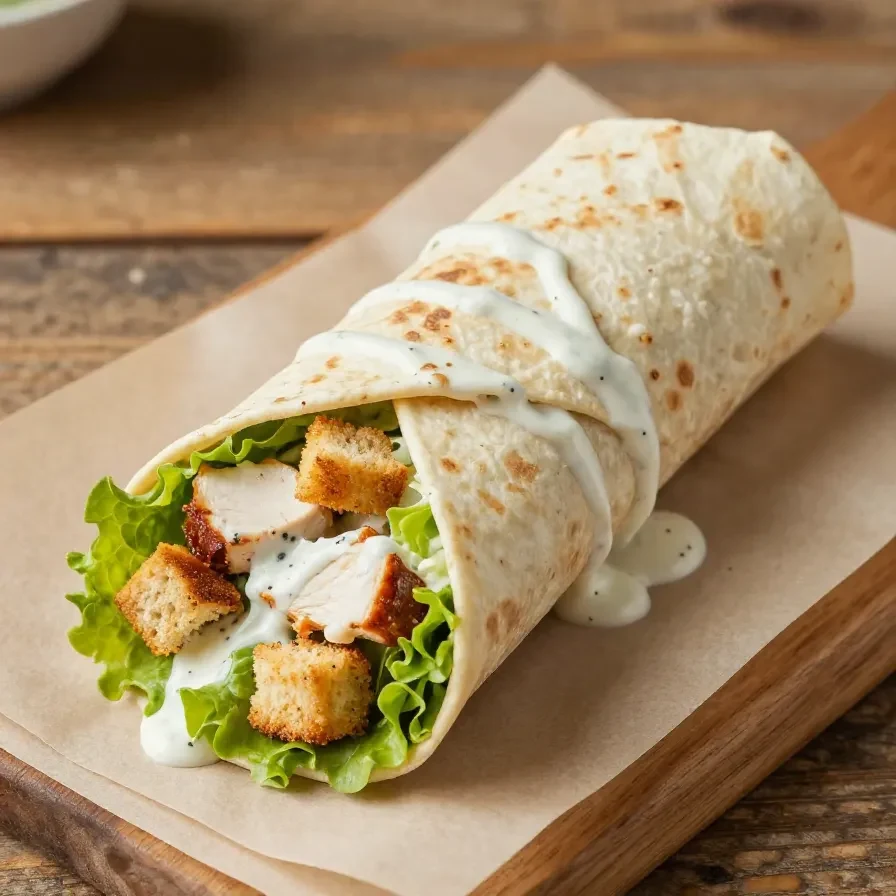 A freshly prepared chicken Caesar wrap with grilled chicken, lettuce, and Caesar dressing.