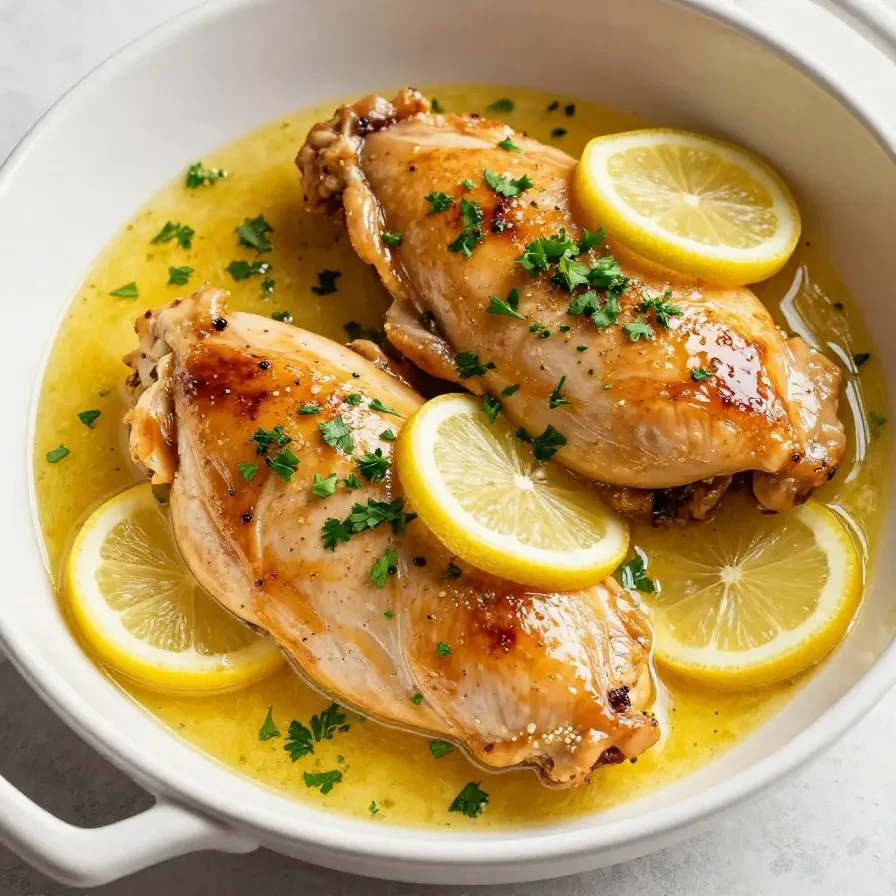 A plate of lemon chicken served with a creamy lemon butter sauce and garnished with fresh parsley.