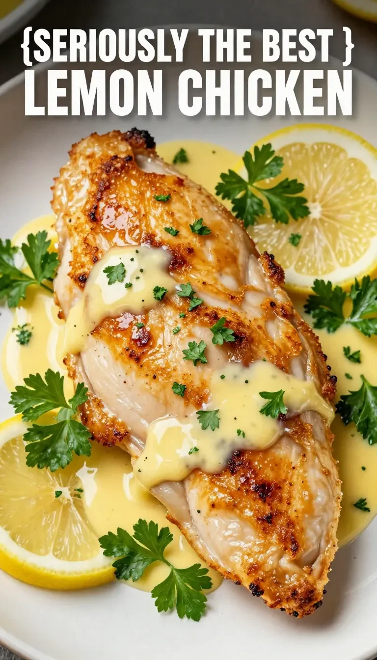 A plate of lemon chicken served with a creamy lemon butter sauce and garnished with fresh parsley.