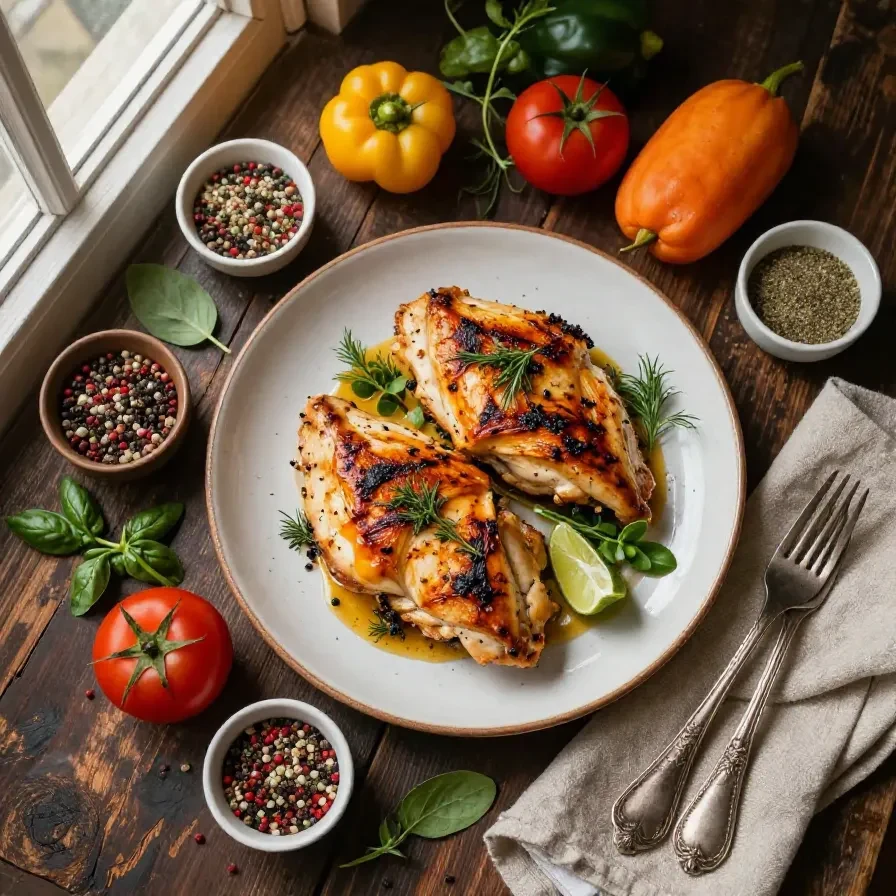 A perfectly baked chicken breast served on a white plate with fresh herbs.