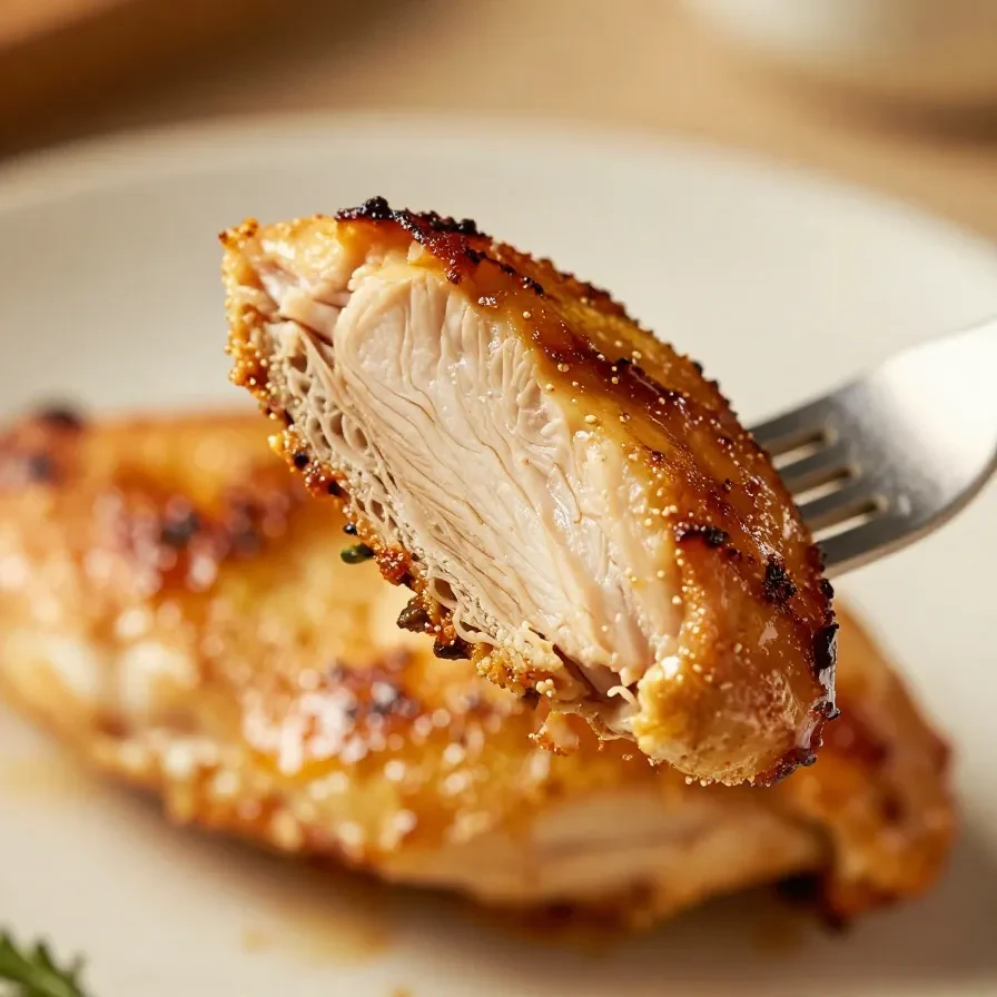 A perfectly baked chicken breast served on a white plate with fresh herbs.