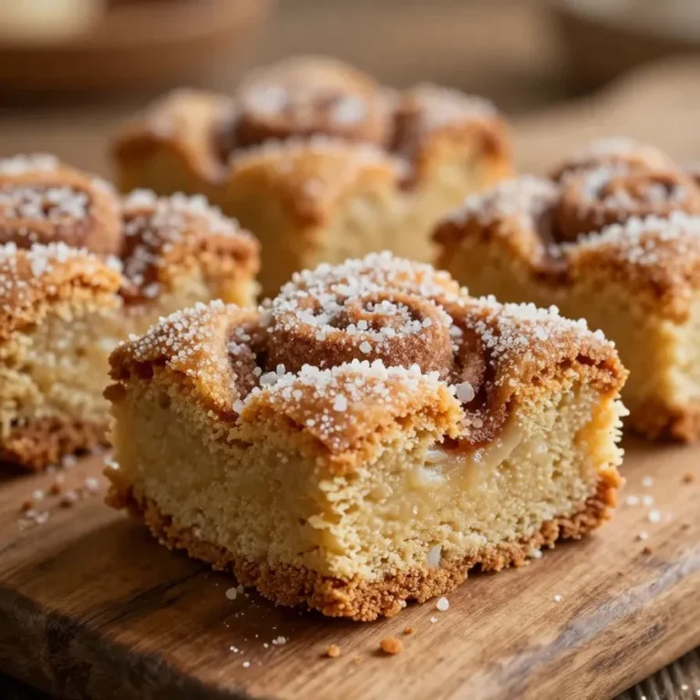 Close-up of freshly baked cinnamon sugar blondies on a wooden cutting board.