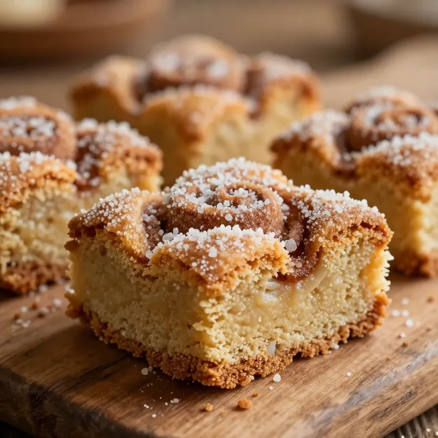 Close-up of freshly baked cinnamon sugar blondies on a wooden cutting board.