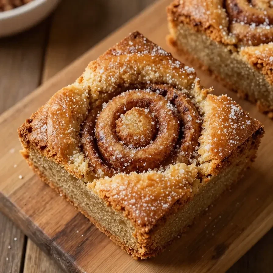 Close-up of freshly baked cinnamon sugar blondies on a wooden cutting board.