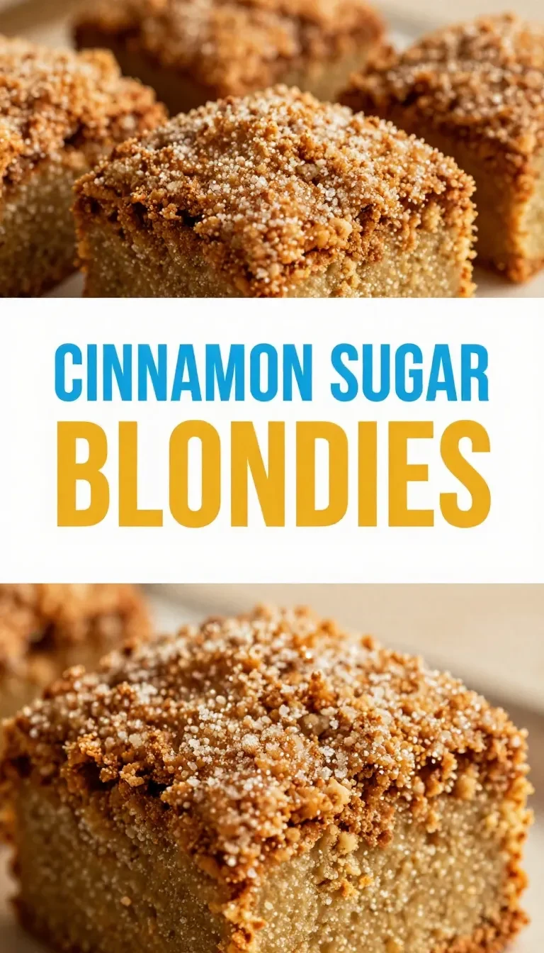 Close-up of freshly baked cinnamon sugar blondies on a wooden cutting board.