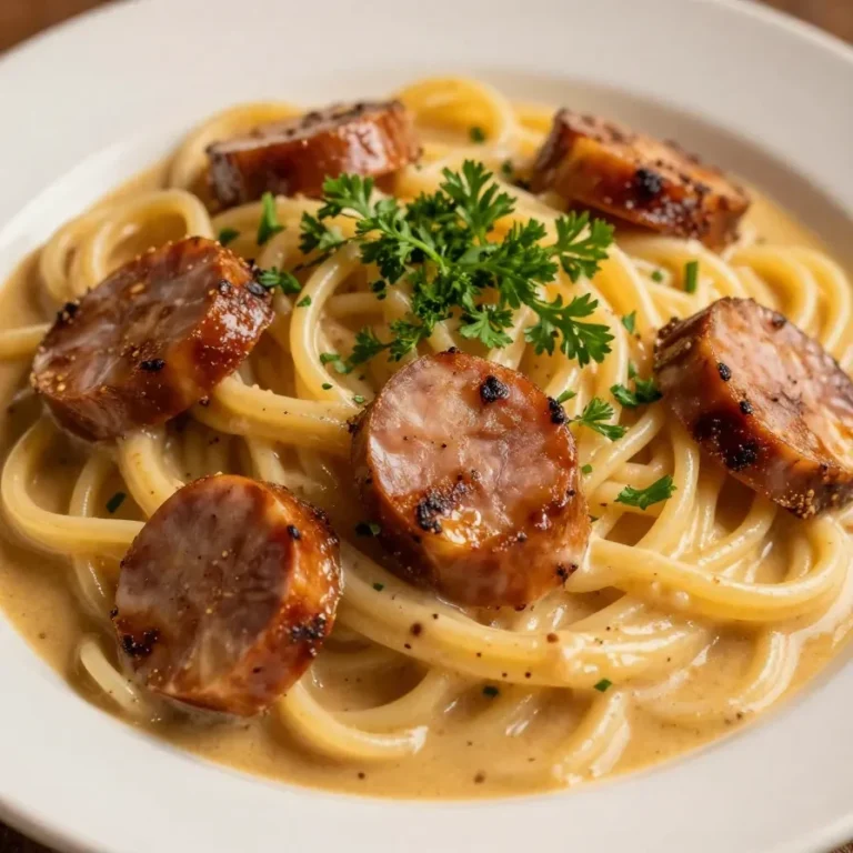 A bowl of creamy Cajun sausage pasta topped with fresh parsley.