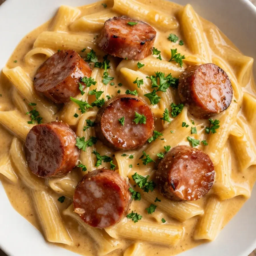 A bowl of creamy Cajun sausage pasta topped with fresh parsley.