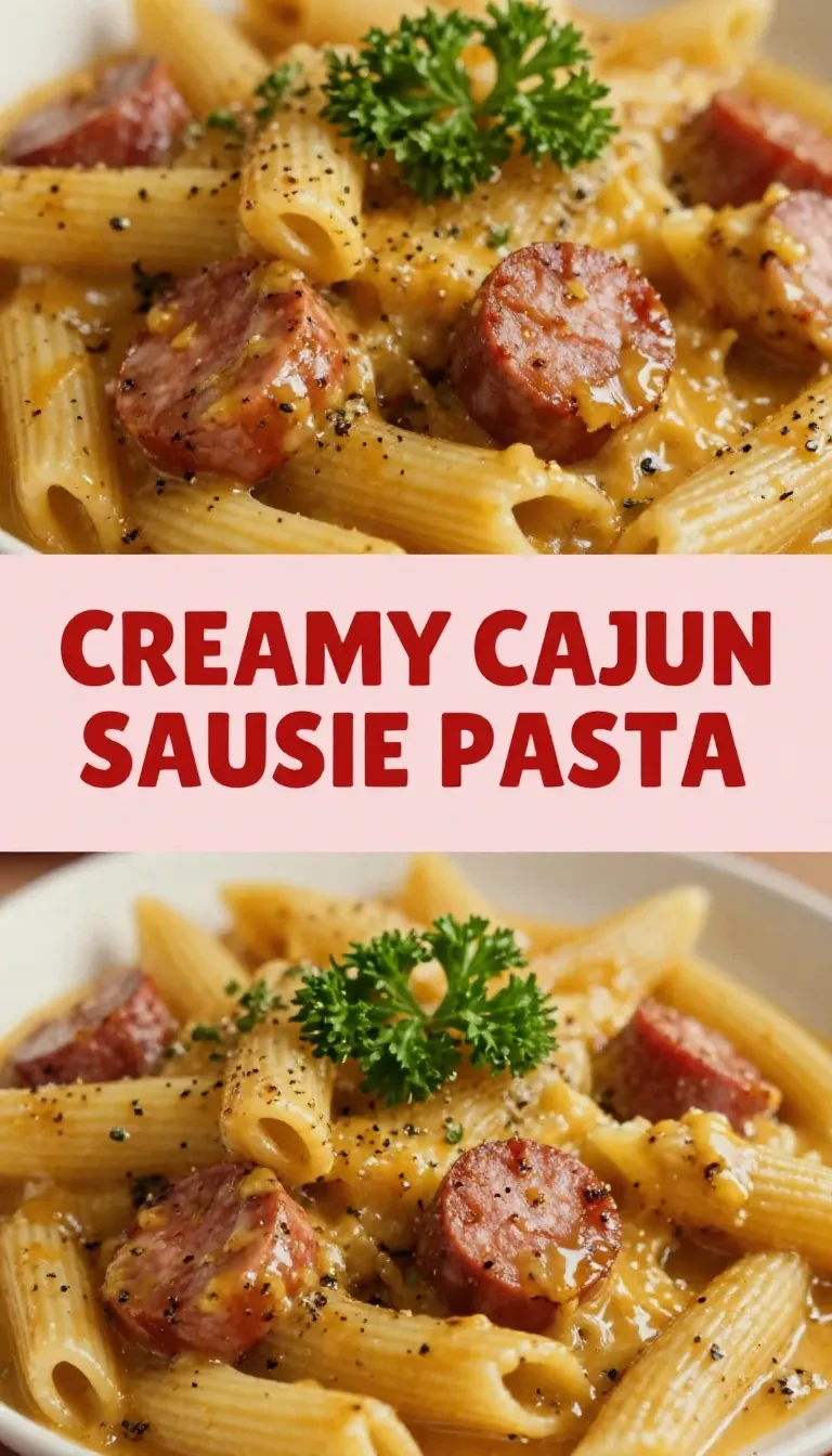 A bowl of creamy Cajun sausage pasta topped with fresh parsley.