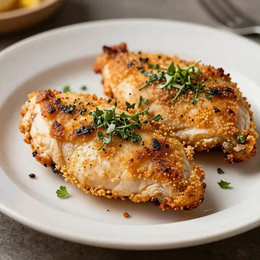 Golden-brown pan-seared chicken breasts served on a white plate.