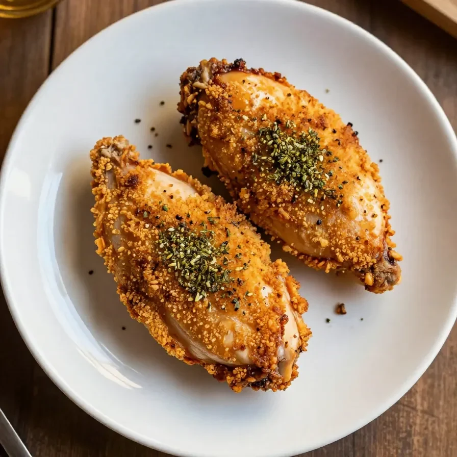 Golden-brown pan-seared chicken breasts served on a white plate.