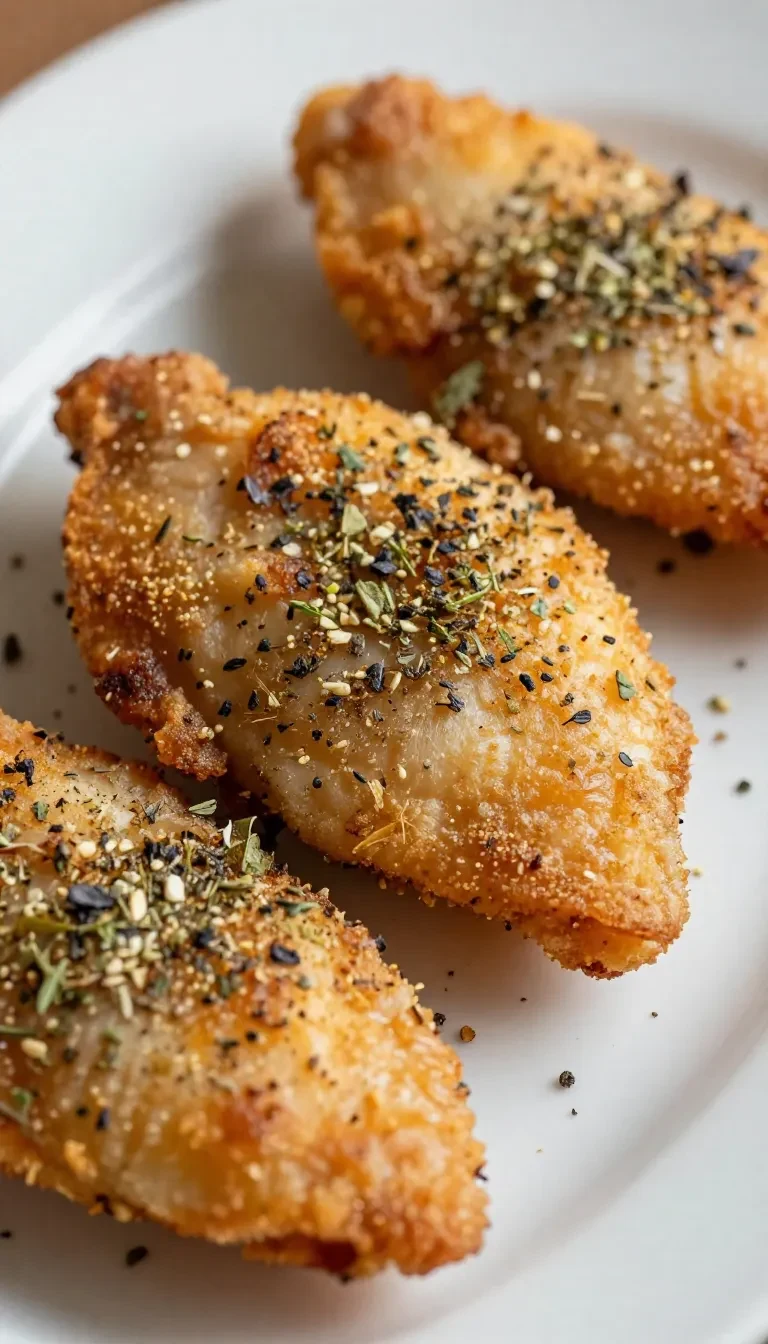Golden-brown pan-seared chicken breasts served on a white plate.