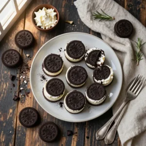 Close-up of Oreo no-bake cheesecake cups topped with crushed Oreos and whipped cream.