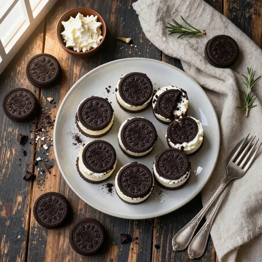 Close-up of Oreo no-bake cheesecake cups topped with crushed Oreos and whipped cream.
