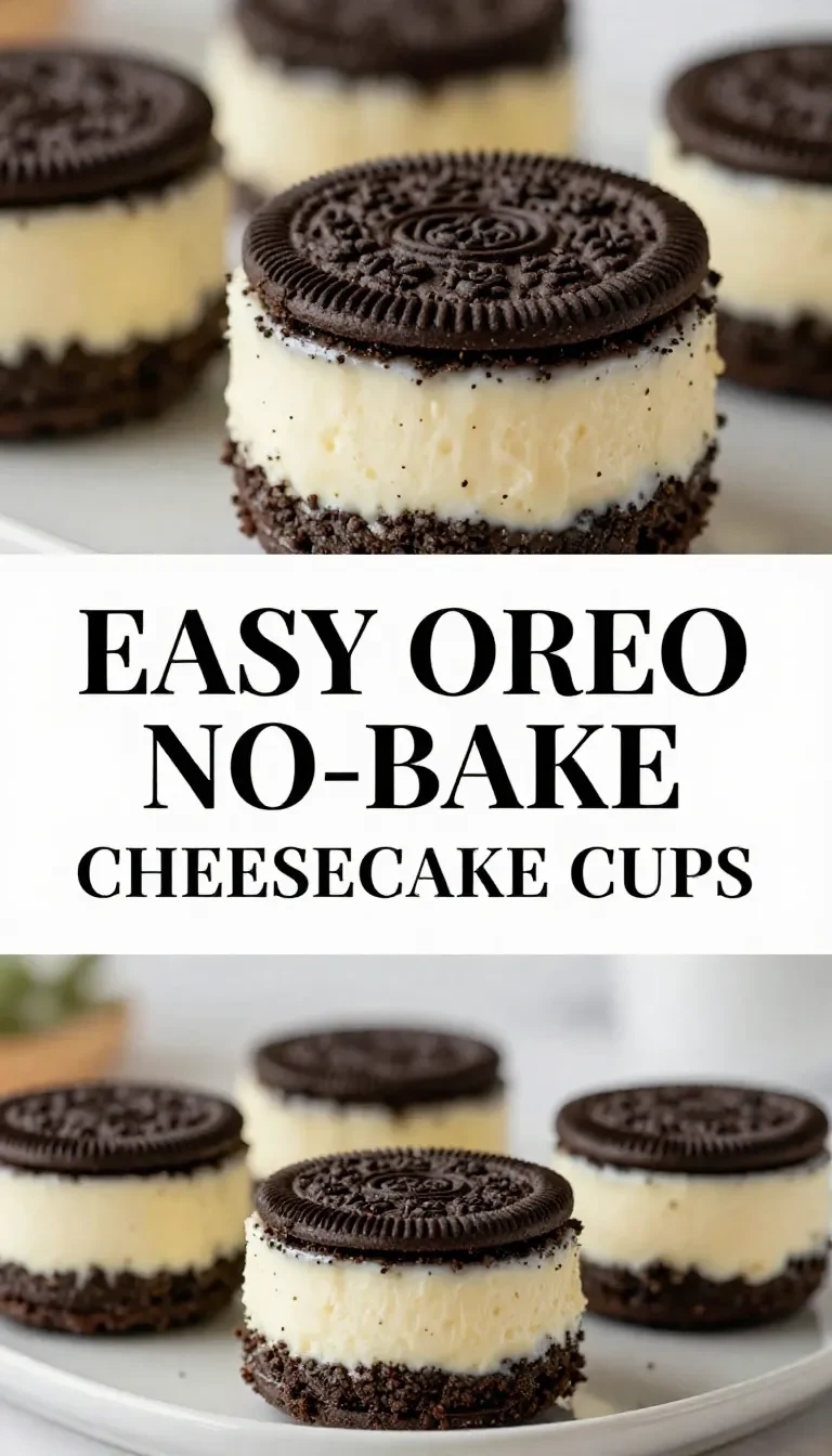 Close-up of Oreo no-bake cheesecake cups topped with crushed Oreos and whipped cream.