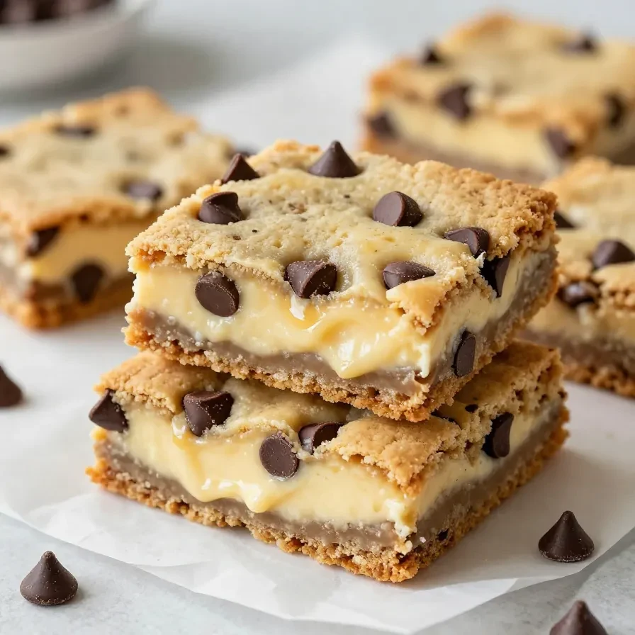 Close-up of chocolate chip cookie cheesecake bars on a white plate.
