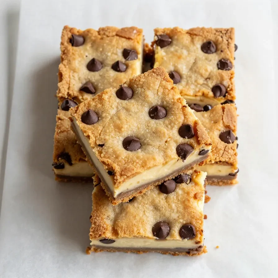 Close-up of chocolate chip cookie cheesecake bars on a white plate.