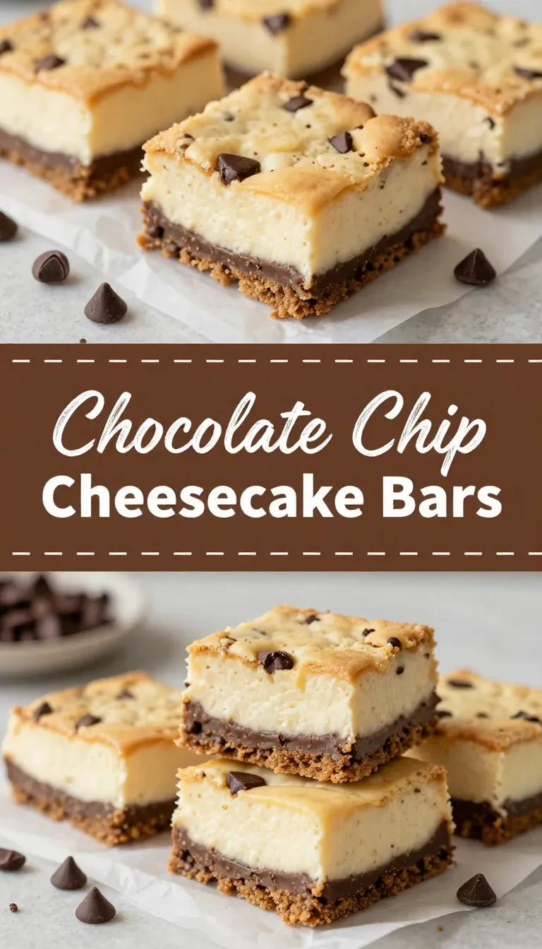 Close-up of chocolate chip cookie cheesecake bars on a white plate.